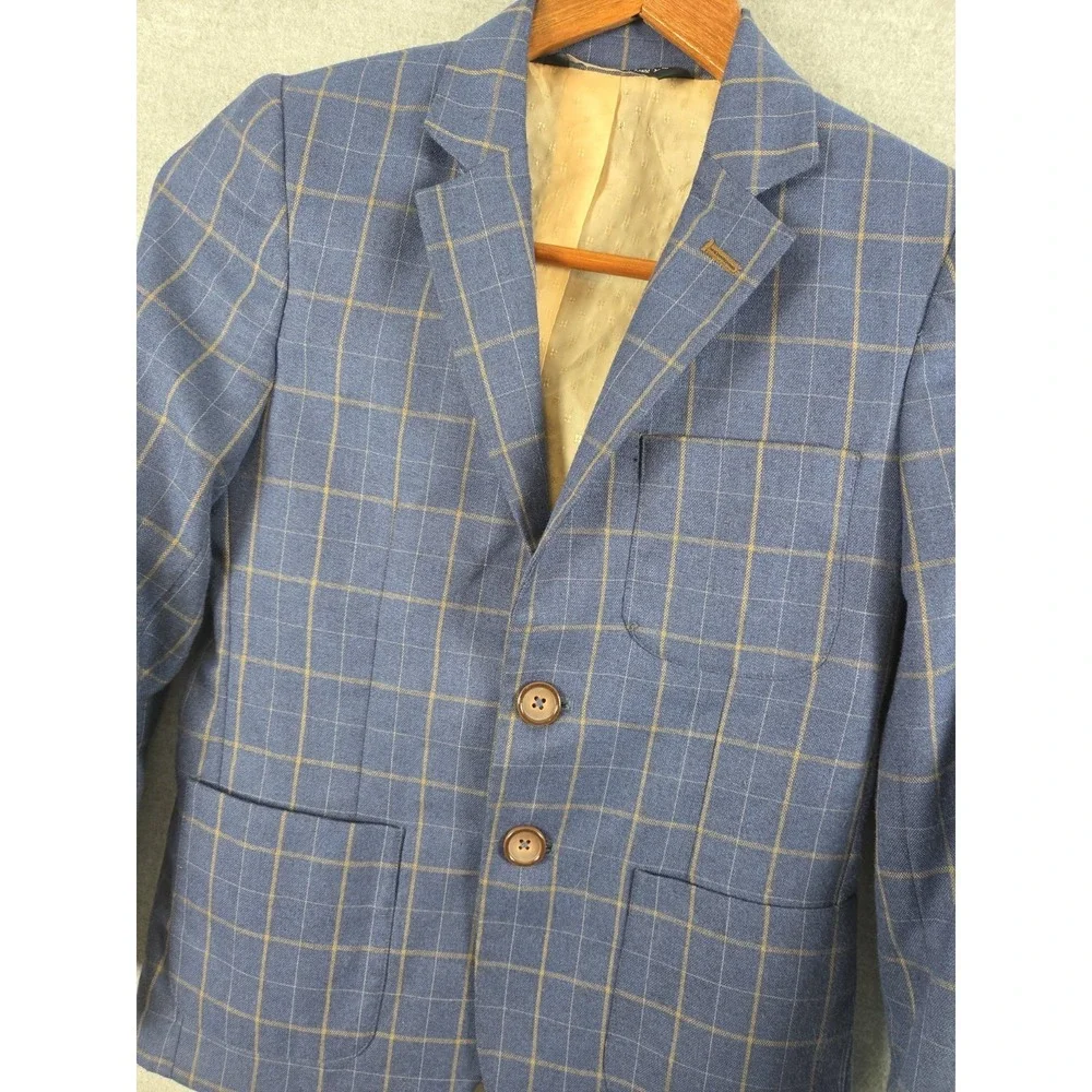 Leo & Zachary Boys 6 Suit Jacket Blazer Blue Windowpane Plaid Pocket Square